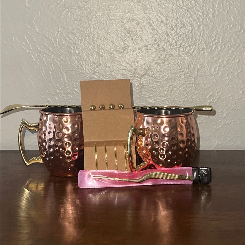 Set of Two Hammered Coper Plate Moscow Mule Mugs and Assorted Accessories